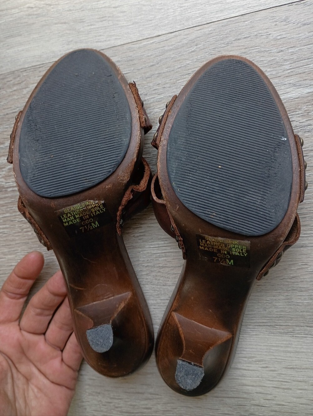 Slaislinnk Leather Upper Wooden Sandal Women Sz 7.5 M Made in Italy Brown Heels - Picture 5 of 11